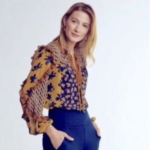 CAbi Gold Royal Blue Floral Patterned Harmony Blouse with Ruffle Details Sz S